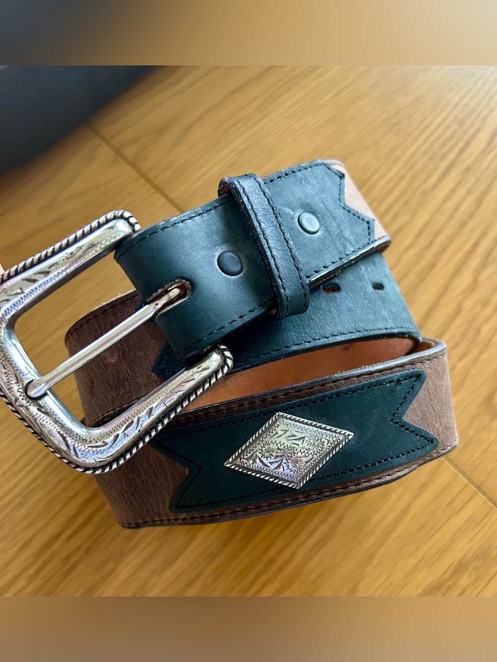 Nocona Brown and Dark Green Western Leather Belt with Decorative Silver Concho